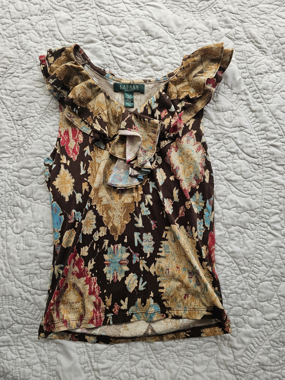 Ralph Lauren Brown Floral-Print Ruffle Camisole